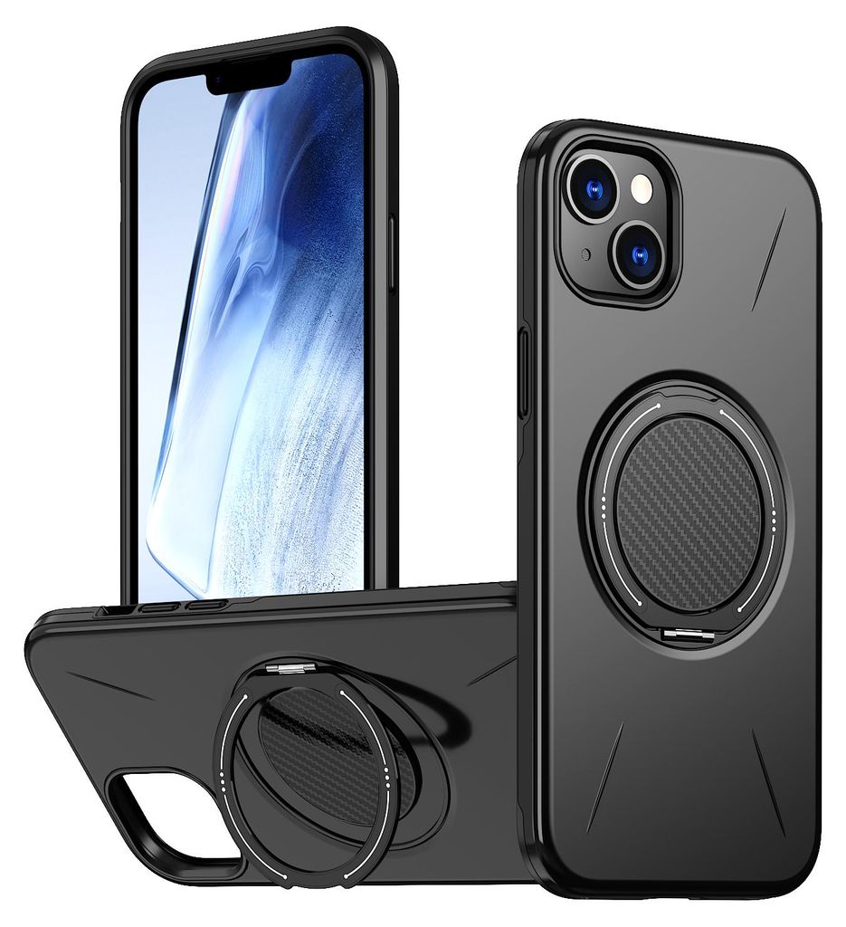 Magnetisch Hülle für iPhone 15 Plus/iPhone 14 Plus, Stoßfeste Weich TPU und Hard PC Schutzhülle mit Ringhalter Ständer Schwarz