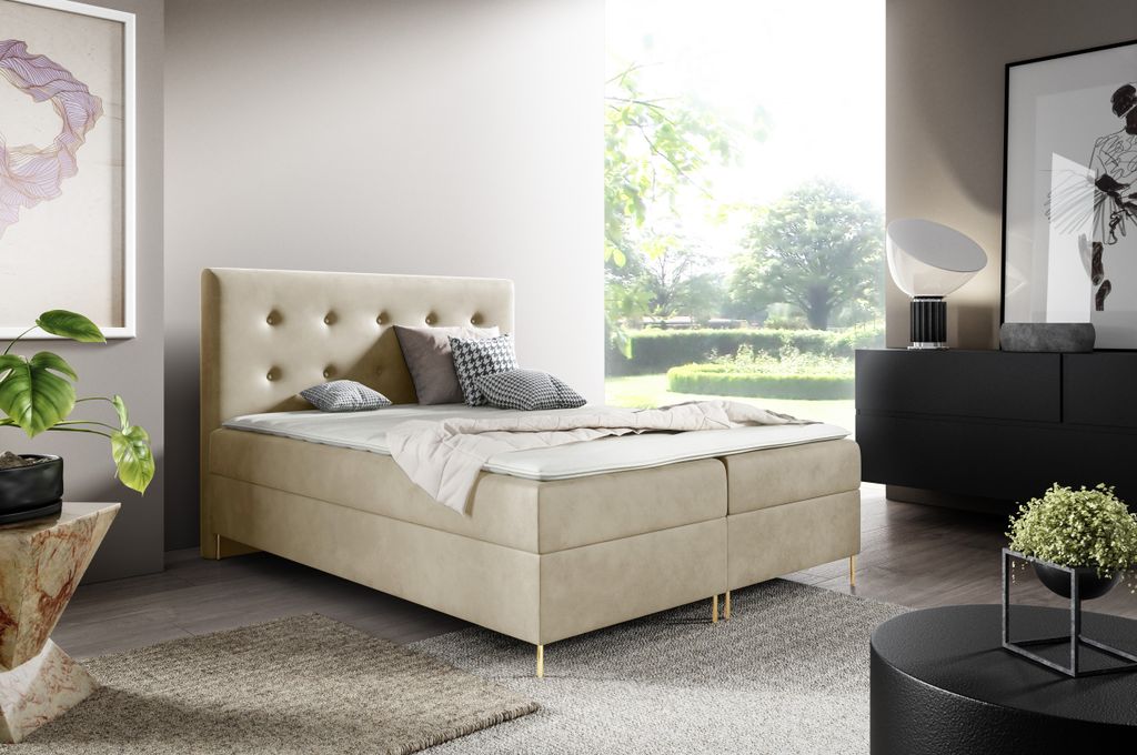 GUTTO Boxspringbett LOUI 120 x 200cm 2x Bettkasten TOPPER 5cm Gratis Beige Velour hohe goldene Beine
