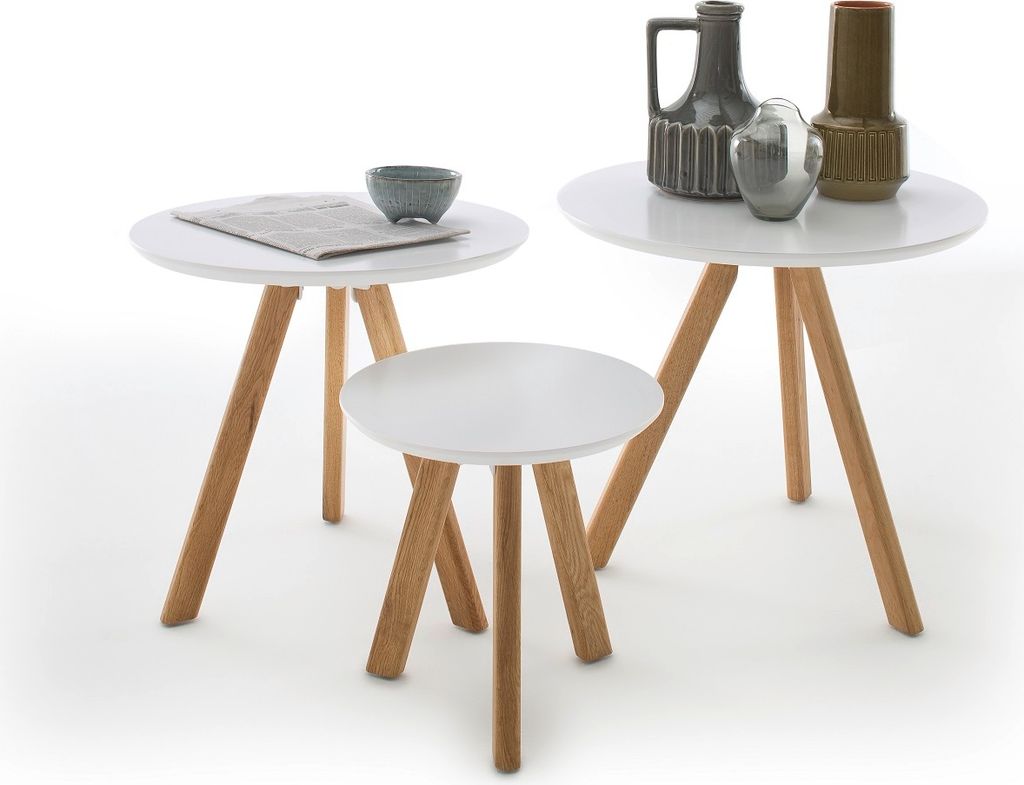 Couchtisch Tisch 3er Set Tische weiß MDF matt lackiert Eiche massiv 50 cm Sinia