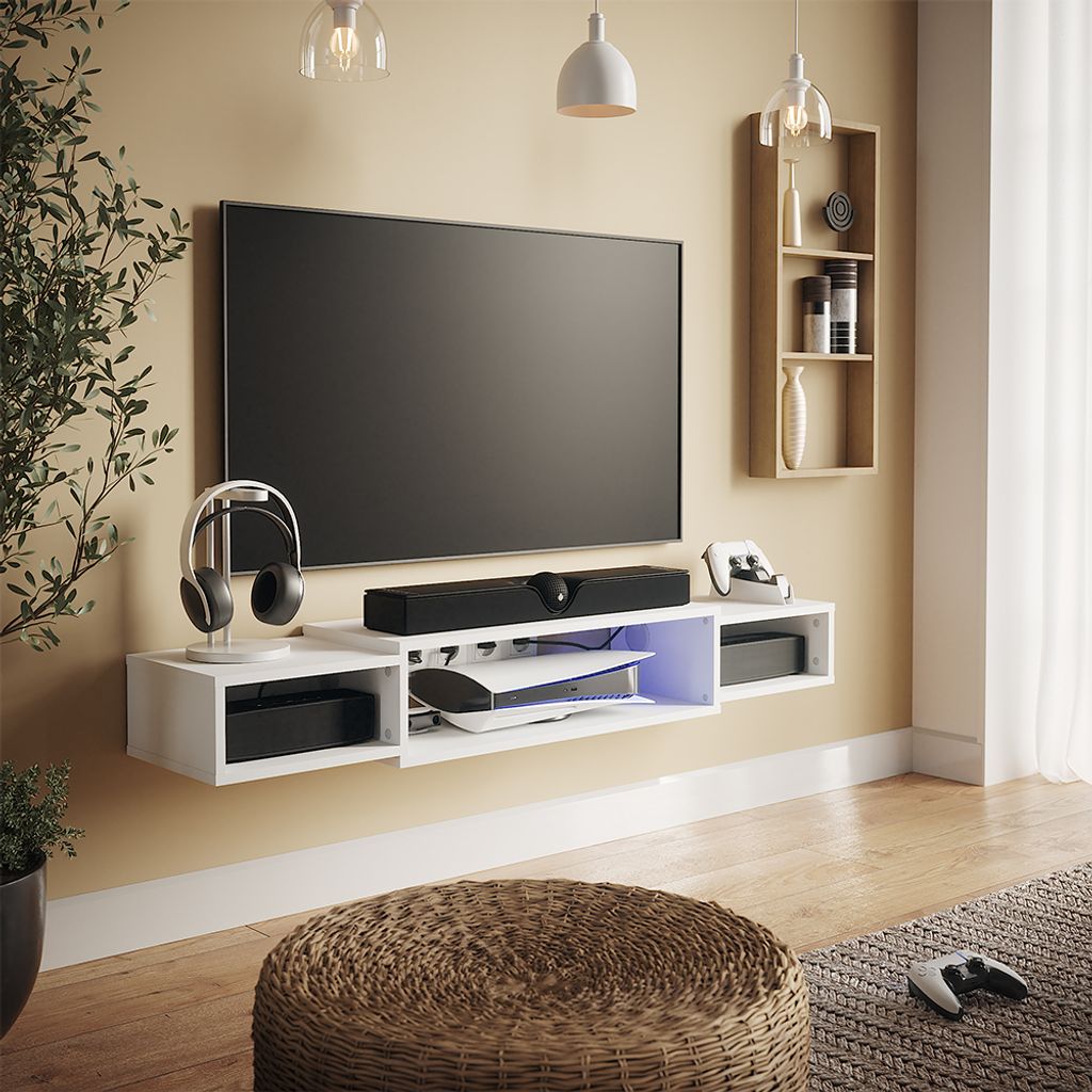 TV-Schrank Vicco Nordic Weiß 139.7 x 20.3 cm mit offenen Regalen, Model 49521
