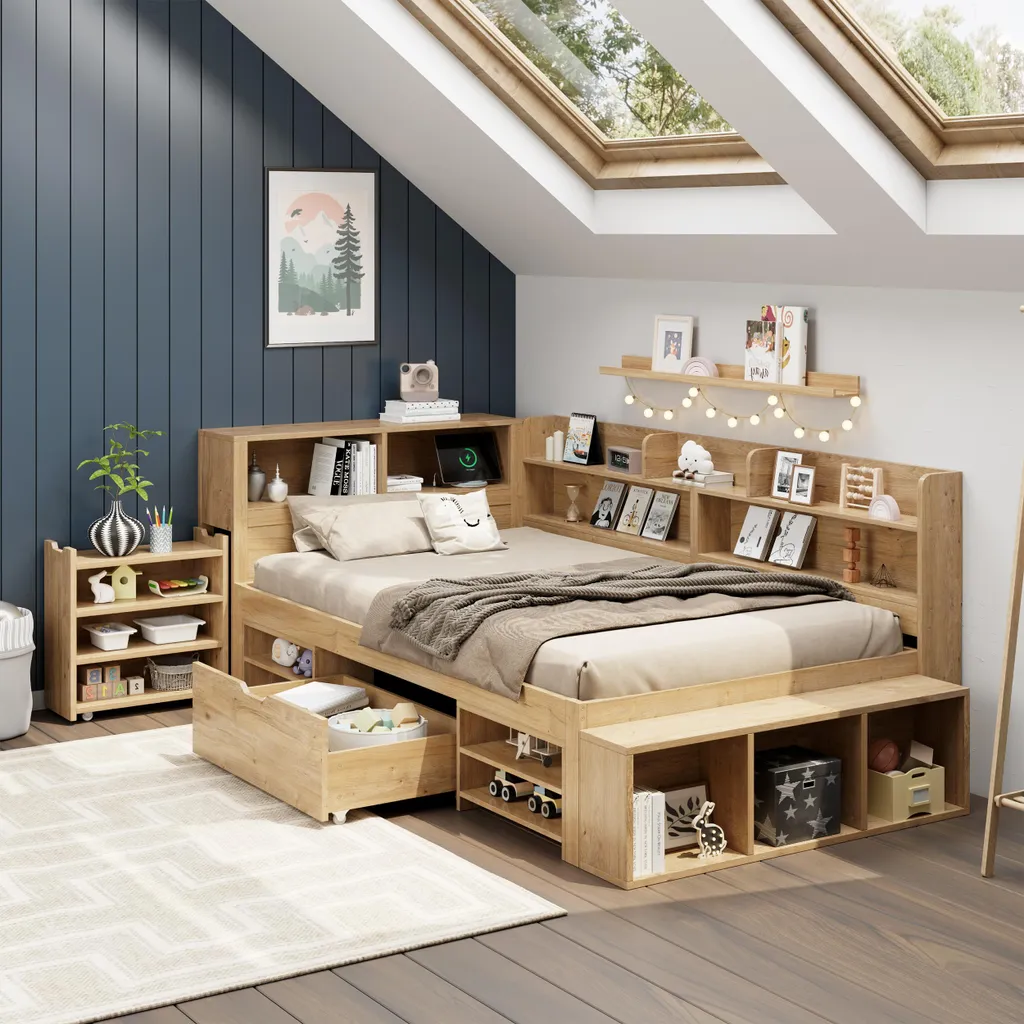 Lit Simple Enfant 90x200 cm avec Rangement en Bois Massif et Tiroirs