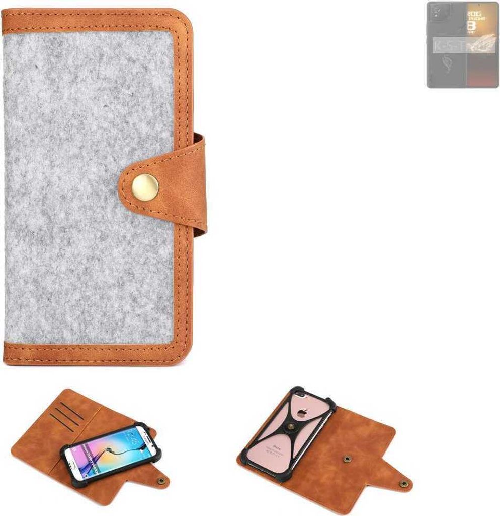 K-S-Trade Handyhülle kompatibel mit Asus ROG phone 8 Pro Edition Schutzhülle Filz-Hülle Kunst-Leder hellgrau braun (1x)
