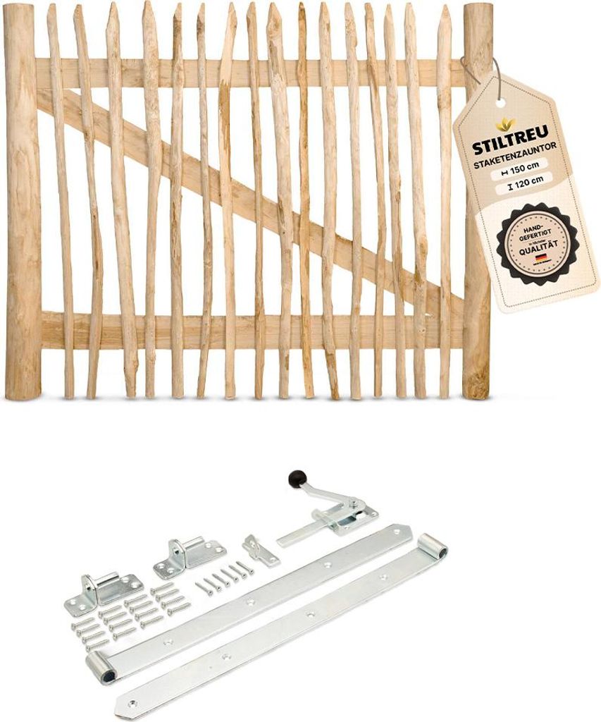 Classic Staketenzaun-Tor Set (silber) aus Edelkastanie, Breite 150 cm, Höhe 120 cm (genagelte Ausführung)