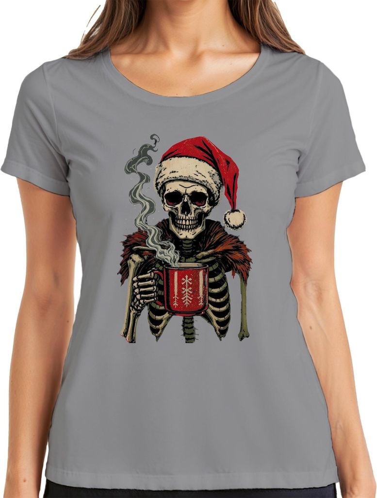 Totenkopf Santa Weihnachtsmann Skelett Becher gruselig Gothic Damen T-Shirt, Grau, S