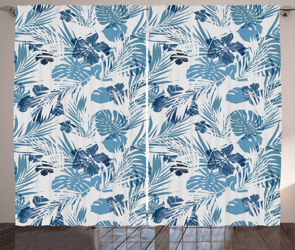 ABAKUHAUS Blatt Rustikaler Gardine, Hawaiische Blumen Palme, Schlafzimmer Kräuselband Vorhang mit Schlaufen und Haken, 280 x 225 cm, Dunkelblau un...