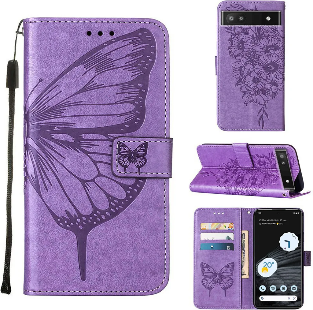 Elegante Custodia Viola Google Pixel 7 Portafoglio Pelle Farfalle 3D