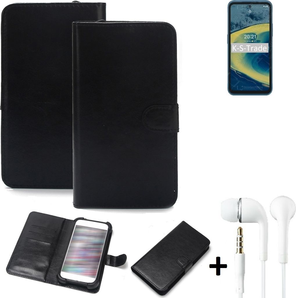 K-S-Trade Wallet Case Handyhülle kompatibel mit Nokia XR20 Schutzhülle Flip cover Flipstyle Tasche Hülle Flipcover Slim Bumper schwarz + in ear