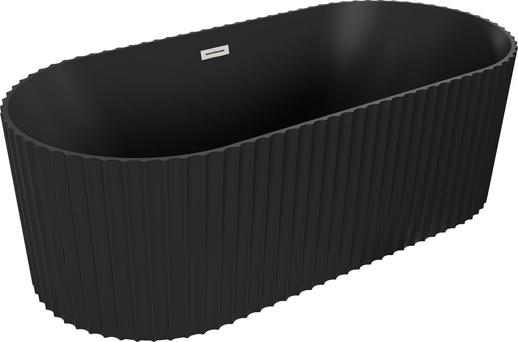 Mexen Paola freistehende Wanne gerillt 150 x 75 cm, schwarz matt, Überlauf gebürstetes Nickel - 52721507571-97
