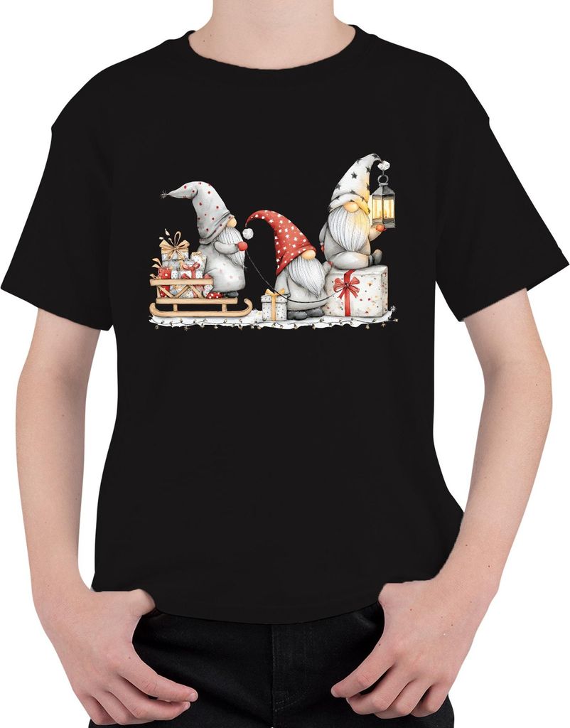 Weihnachtswichtel Schlitten Geschenke Laterne rot grau süß lustig Uni Kinder T-Shirt, Schwarz, 140