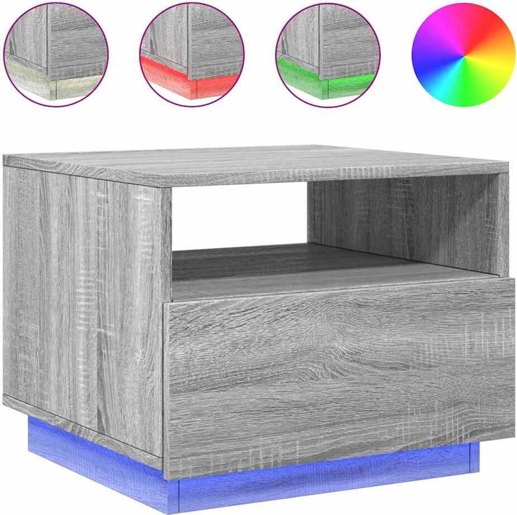 A grey wooden bedside table with blue LED lighting underneath, shown against a white background. Three circular insets show close-ups of the table's corners with different colored LED lights (green, red, and white). A color wheel is also shown.