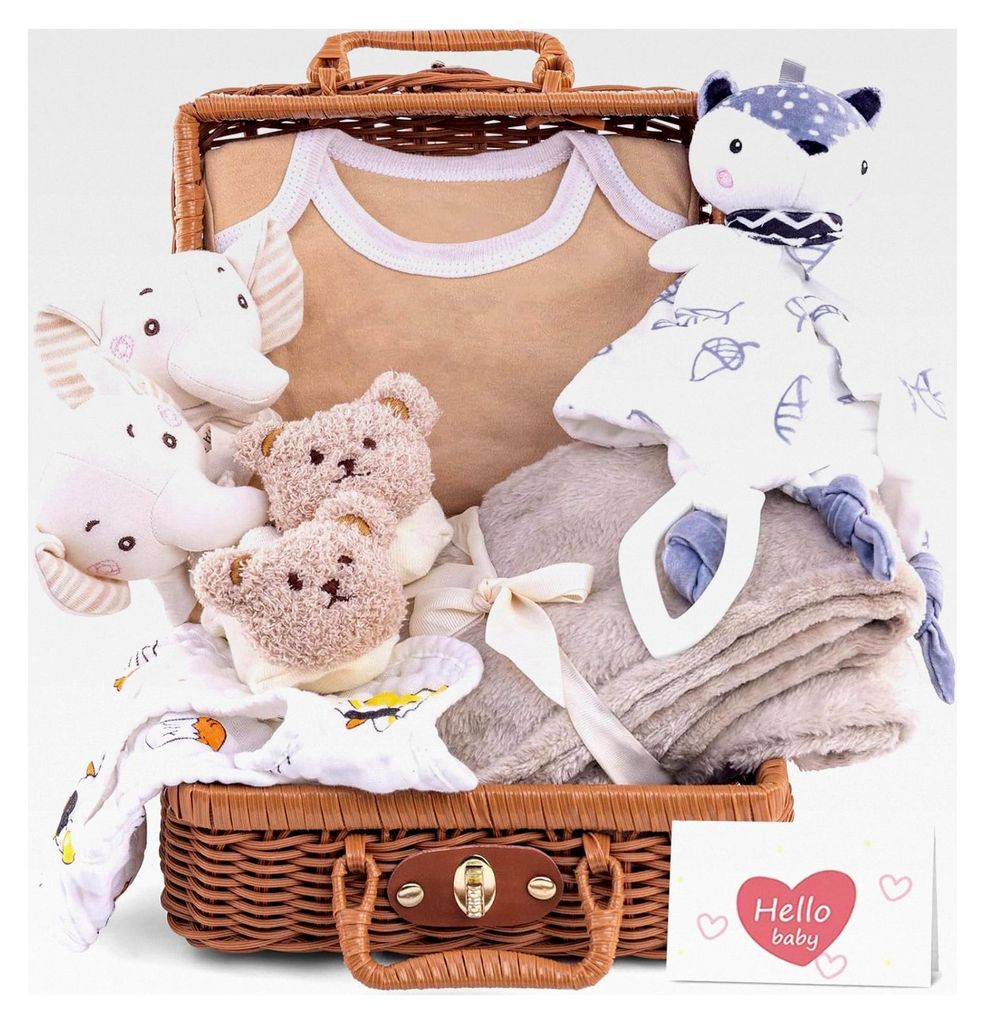 Geschenkset für Babys, Neugeborenen-Geschenk mit Strampler, Badetüchern, Lätzchen, Socken, Rassel, Erinnerungsbox, Grußkarten und Babyparty