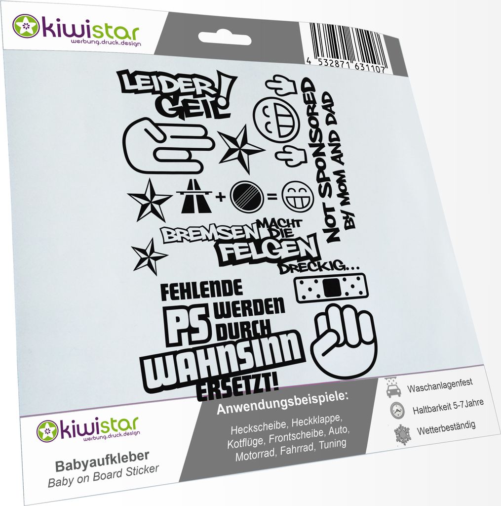 Kiwistar Sticker Bomb Set 01 - Bogengröße: A3 Bremsen...Felgen..., Shockerhand, Autobahnfreak, Fehlende PS..., Leider Geil Auswahl Sammlung Aufkl...