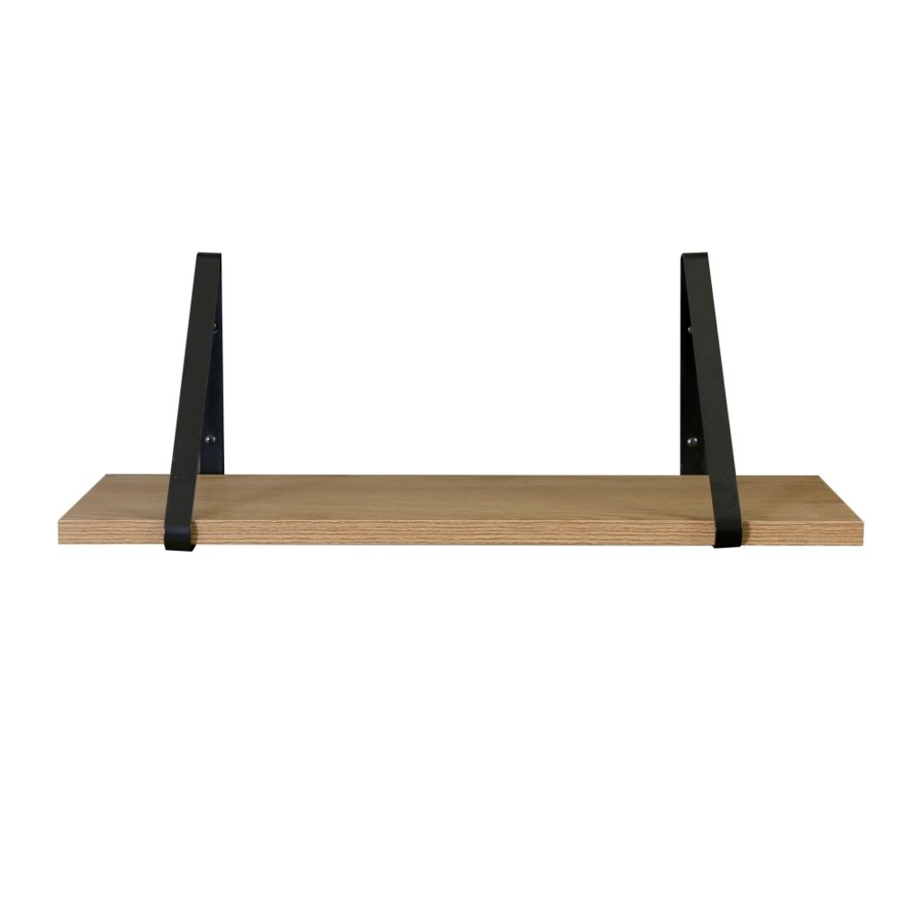 A wooden shelf with black metal brackets against a white background.