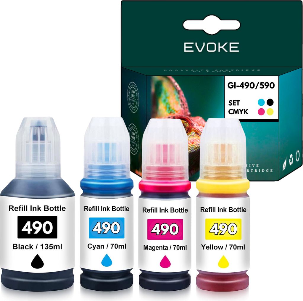 Four bottles of ink refill and a box of ink cartridges.