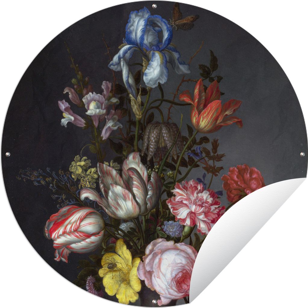 MuchoWow Gartenposter Outdoor-Poster Rund Blumen in einer Vase mit Muscheln und Insekten - Balthasar van der Ast Ø 120 cm Gartendeko Rundes Post...