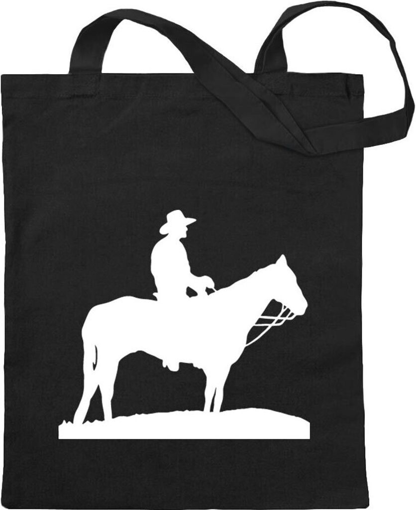 Kiwistar - Baumwolltasche - schwarz - Cowboy mit Pferd Steppe - Tragetasche Stoffbeutel Umhängetasche langer Henkel