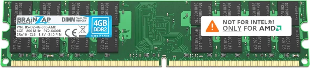 BRAINZAP 4 GB di memoria RAM DDR2 DIMM PC2-6400U 2Rx16 800 MHz 1,8V CL6 AMD PC