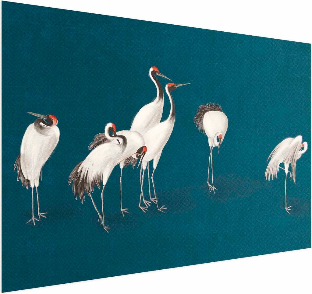 Posterpapier Poster - Evening at the Pond - group of cranes drawn in dry pastel on a dark turquoise background 60x40 cm Tiere g-C-10159-ao-a
