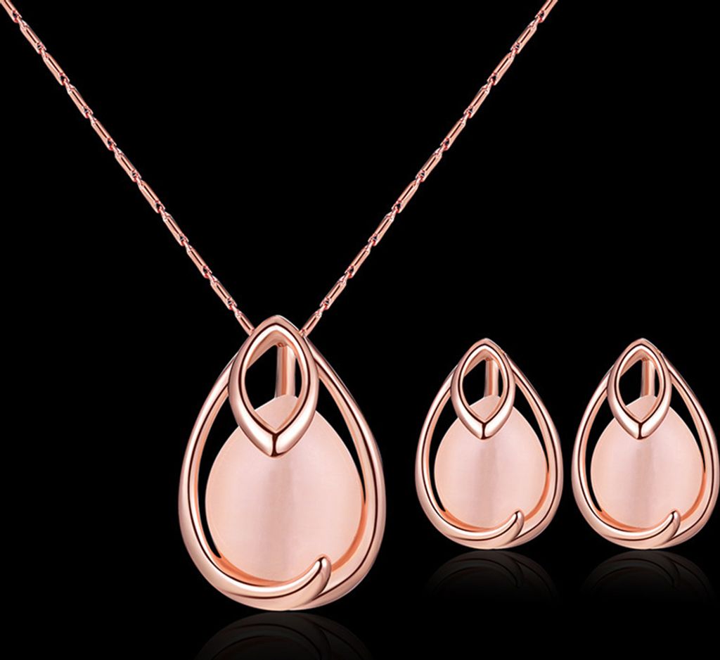 Wassertropfen-Form-Faux-Opal-Anhänger-Halsketten-Ohrringe-Hochzeits-Brautschmuck-Set