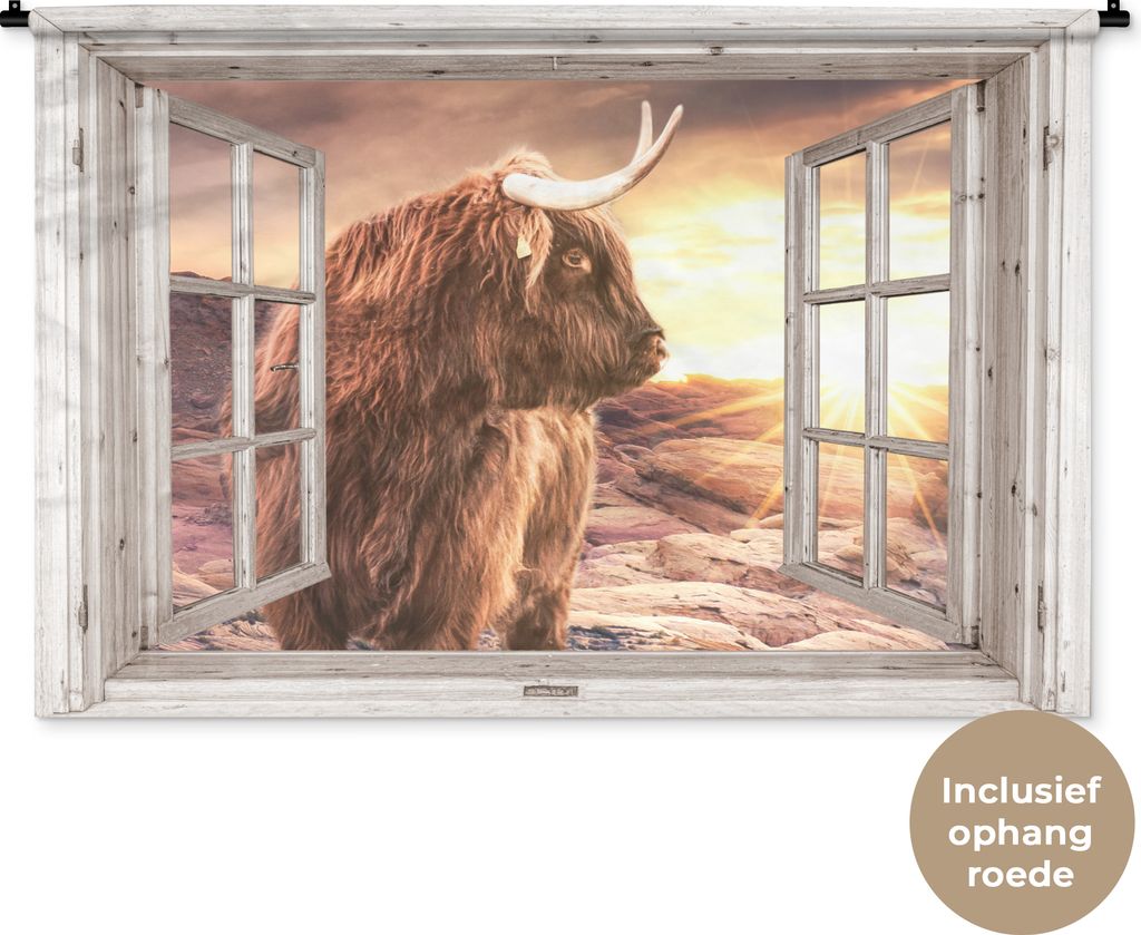 MuchoWow Wandteppich Wandbehang Schottisches Hochlandrind - Aussicht - Sonnenuntergang 120x80 cm Tapisserie Dekoration Wandtuch - Wanddekoratione...