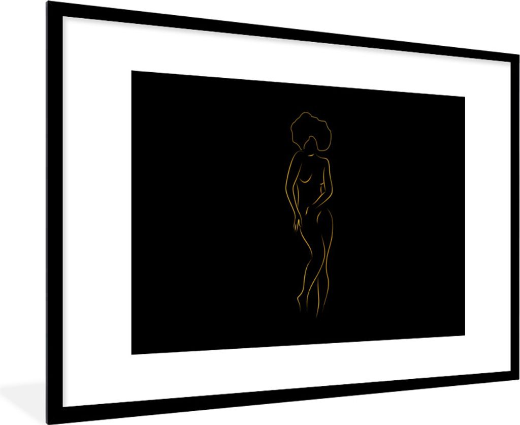 MuchoWow Gerahmtes Poster Frau - Schwarz - Gold - Strichzeichnung 90x60 cm - Poster mit Schwarzem Bilderrahmen Wandposter Rahmen Foto Bilder - Wa...