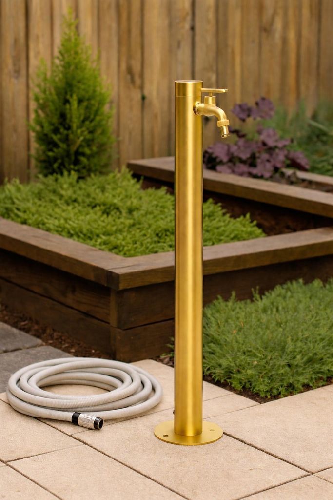 Wasserzapfsäule Garten rund Edelstahl Gold Wasserhahn Säule 93 cm 2 Auslässe Wassersäule Garten & Terrasse