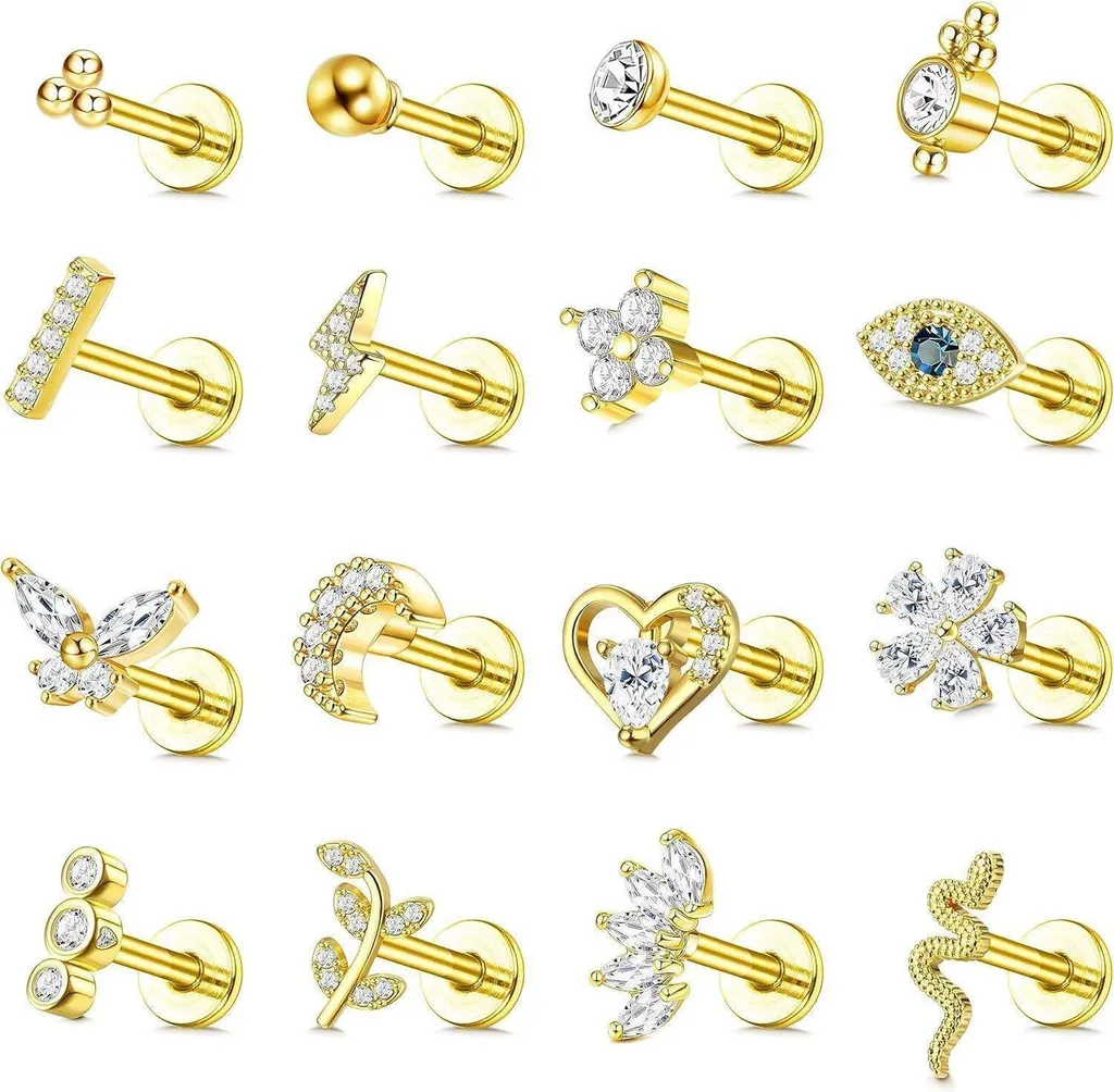 Piercing Hélix Tragus 16G en Acier Chirurgical Doré avec Cristaux CZ