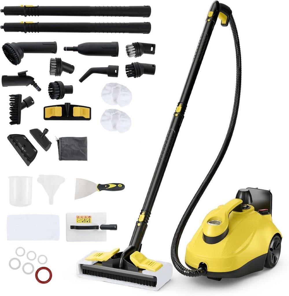 A steam cleaner and its accessories are laid out on a white background.