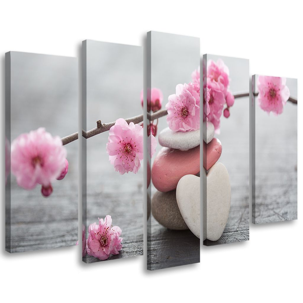 5-teiliges leinwandbild zen-kirschblüten-herz-stein 150x100 cm Feeby rosa wandbild bereit zum aufhängen