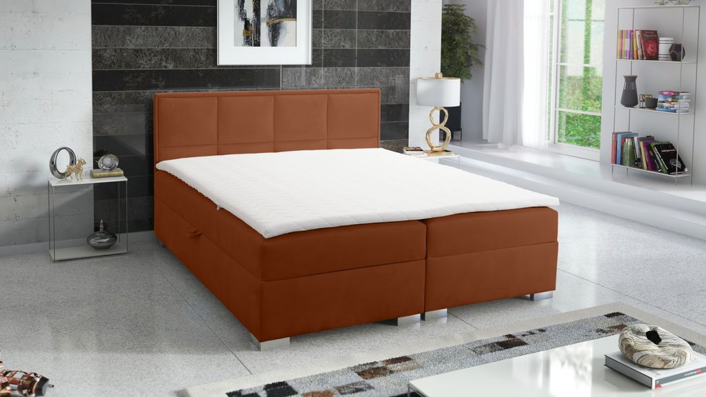 Boxspringbett QUADRAT 120x200 cm, mit Topper Bonellmatratze und zwei Bettkästen, Orangebraun