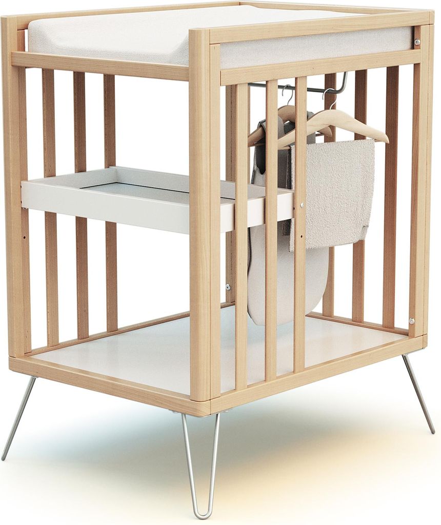 JURABABY – Wickeltisch mit 2 Holzregalen NUR Stahl| 76 x 56 x 94 cm | Mit Tablett, Regal und Garderobe | Kompakt | Stabil mit Stahlbeinen