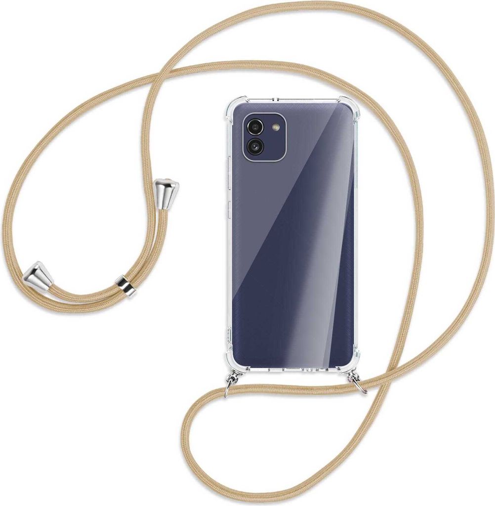 Handykette Backcover-Schutzhülle mit Band (Metall silberfarben) für Samsung Galaxy A03 4G - caramel