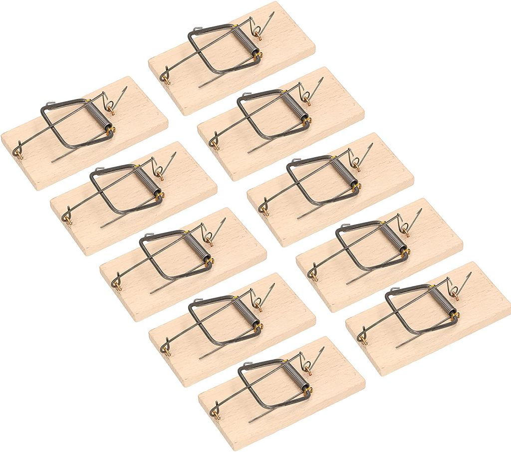 A collection of wooden mouse traps arranged diagonally on a white background.