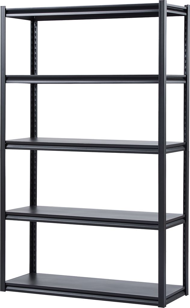 A black, five-tier shelving unit against a white background.
