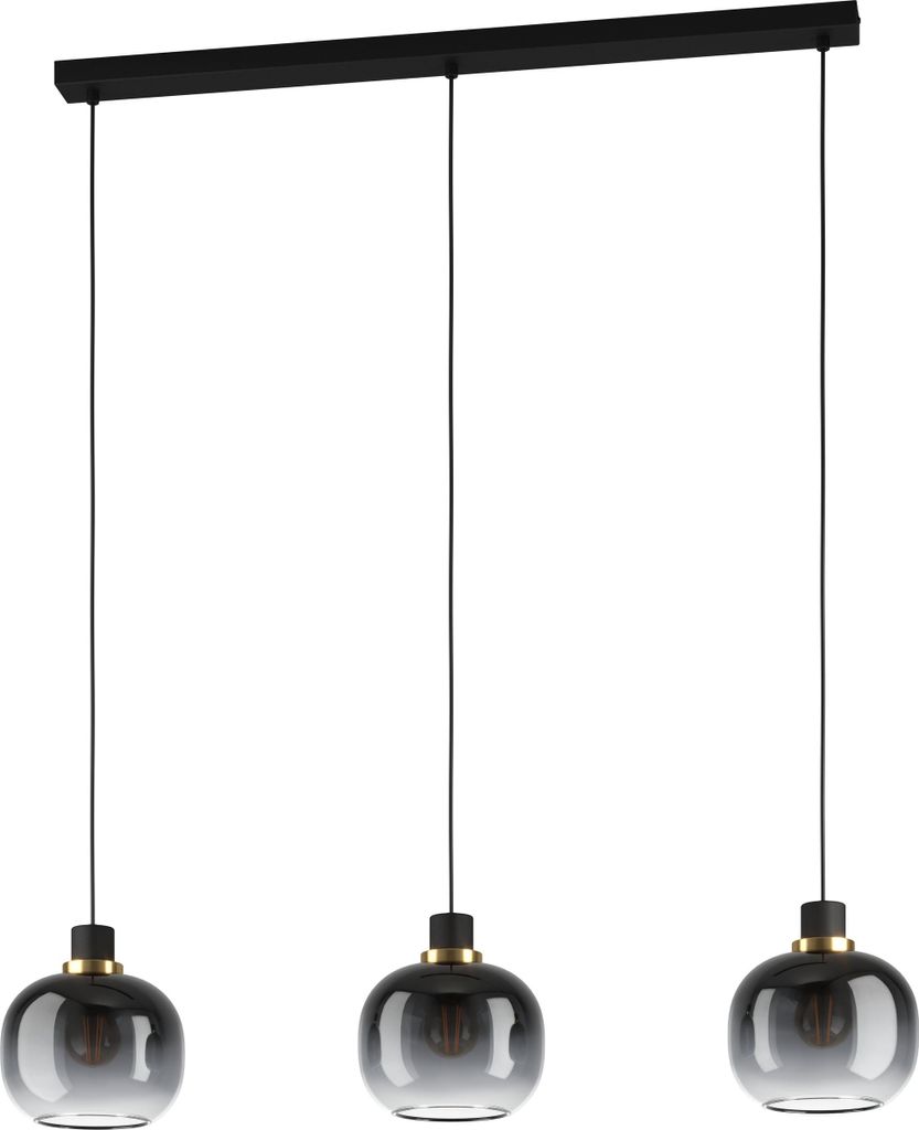 EGLO Hängelampe Oilella, 3-flammige Pendelleuchte Rauchglas über Esstisch, Deckenlampe hängend aus Metall mit Glas-Kugel, Kugellampe mit E27, L ...