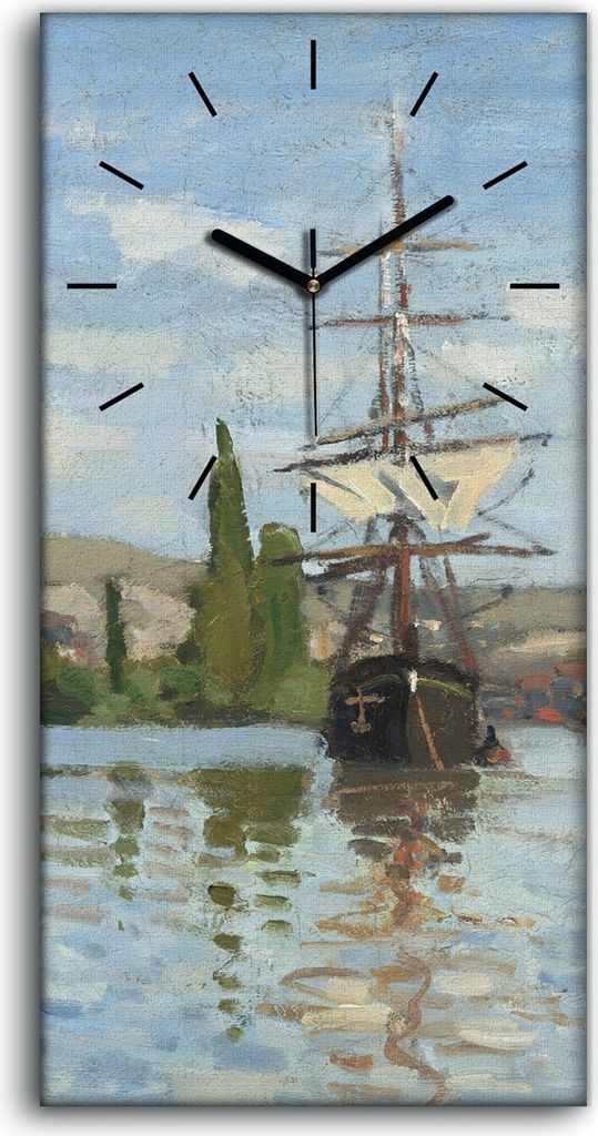 Wandbild Leinwand Bilder Wanduhr 30x60 Auf der Seine von Rouen fahrende Schiffe - schwarze Hände