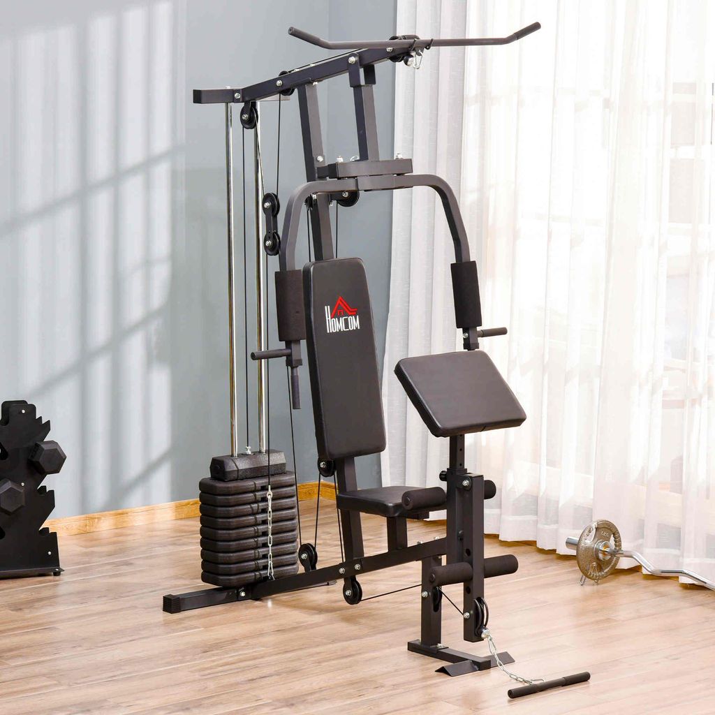 Kraftstation Zuhause, Multistation Fitnessgerät, Stahl, Schwarz | 148x108x207 cm | 45 kg Gewicht | 6 Trainingsmodule