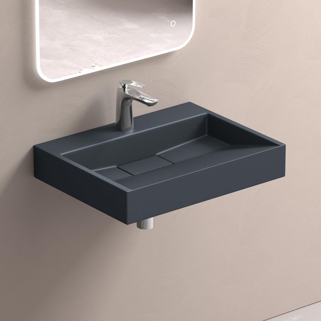 doporro Waschbecken Aufsatzwaschbecken Mineralguss Hängewaschbecken Waschtisch matt Anthrazit 50x38x11cm mit Armaturloch inkl. Ablaufgarnitur Col19