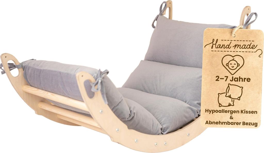 WoodsCraft - Kletterbogen mit Hypoallergen Kissen - Holz Klettergerüst Indoor - Holzwippe, Bogenwippe, Wippe - Montessori Kletterspielzeug
