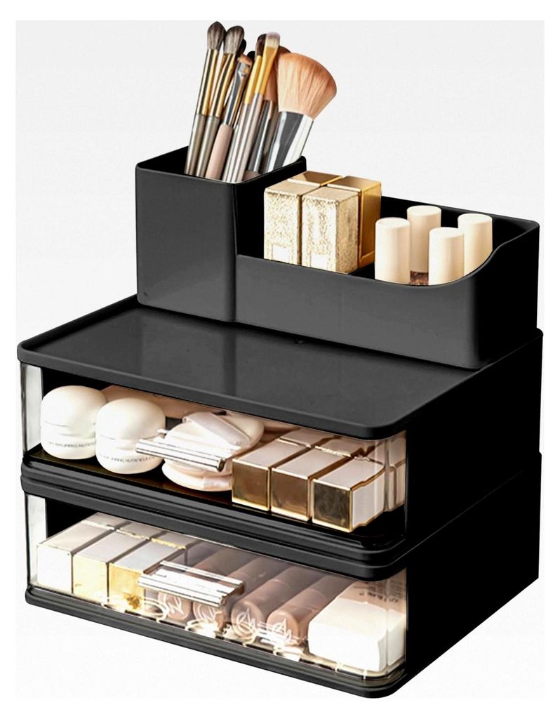 Make-up Organizer mit 2 Schubladen, stapelbarer Kosmetik Organizer, Pinselhalter für die Aufbewahrung von Kosmetik für Schminktisch, Badezimmer u...
