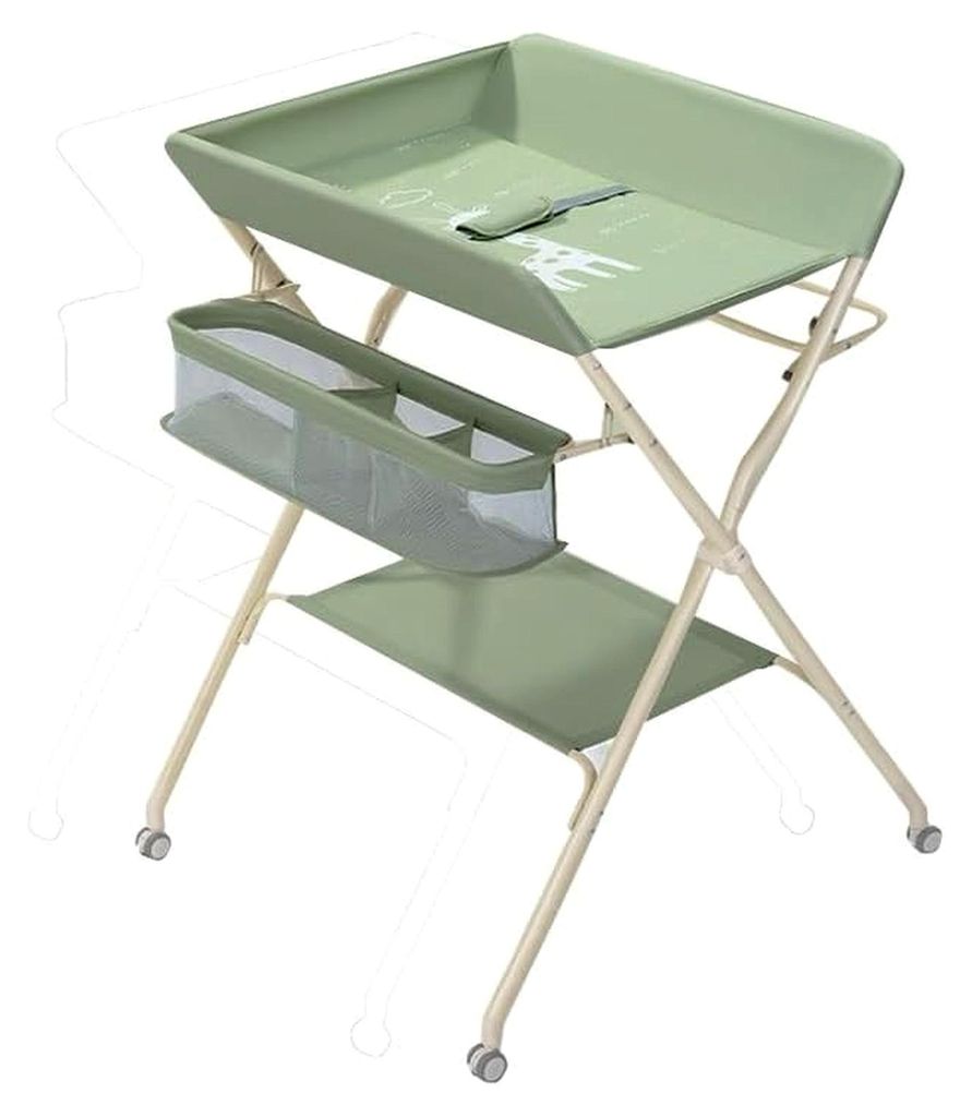 Multifunktionaler Wickeltisch: 5-fach höhenverstellbar, klappbares Spielzeugregal, Badewanne und Stauraum