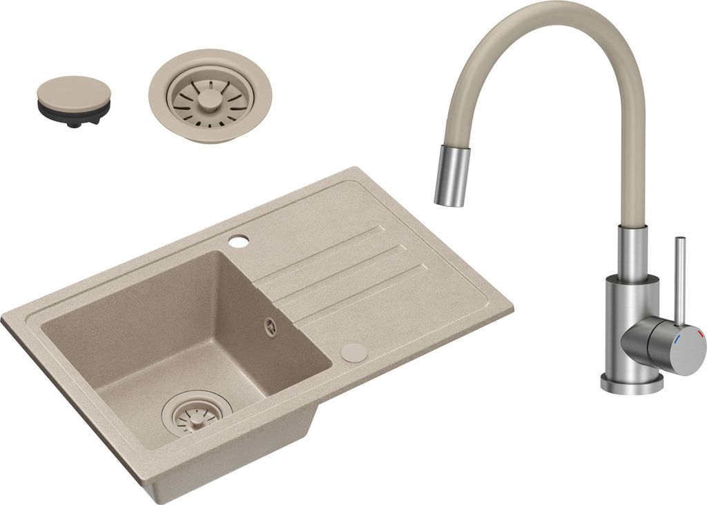 VBChome Spülbecken Granit Beige mit Armatur 70 x 44 cm Einzelbecken Einbauspüle Gesprenkelt Reversibel Granitspüle Beige Siphon Waschbecken Beig...