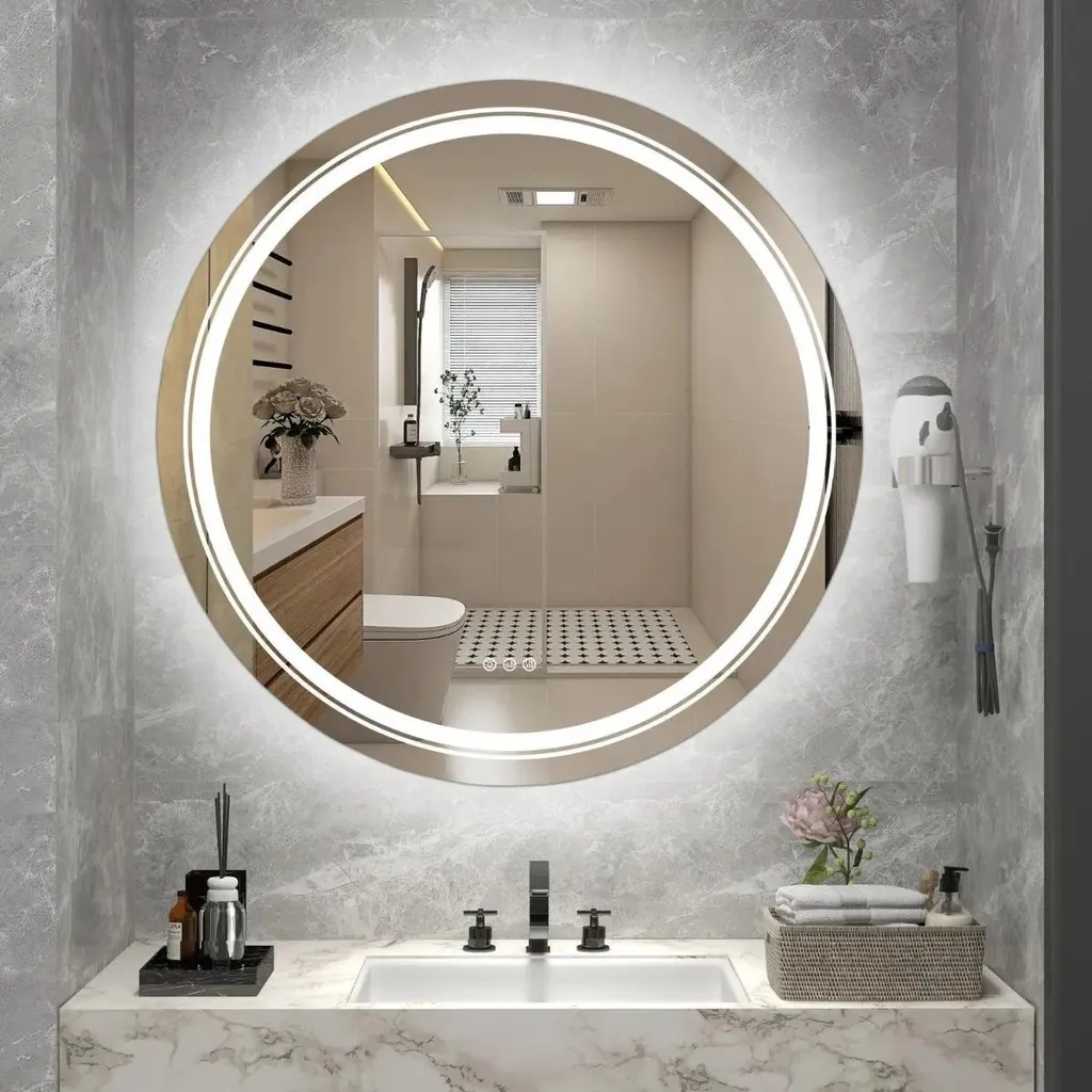 Grand miroir mural carré 80x80 cm argent avec LED pour salle de bain chic