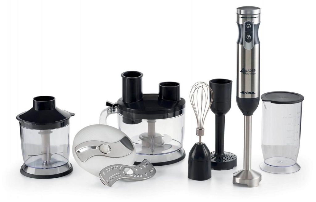A collection of kitchen appliances, including an immersion blender and its attachments, arranged on a white background.