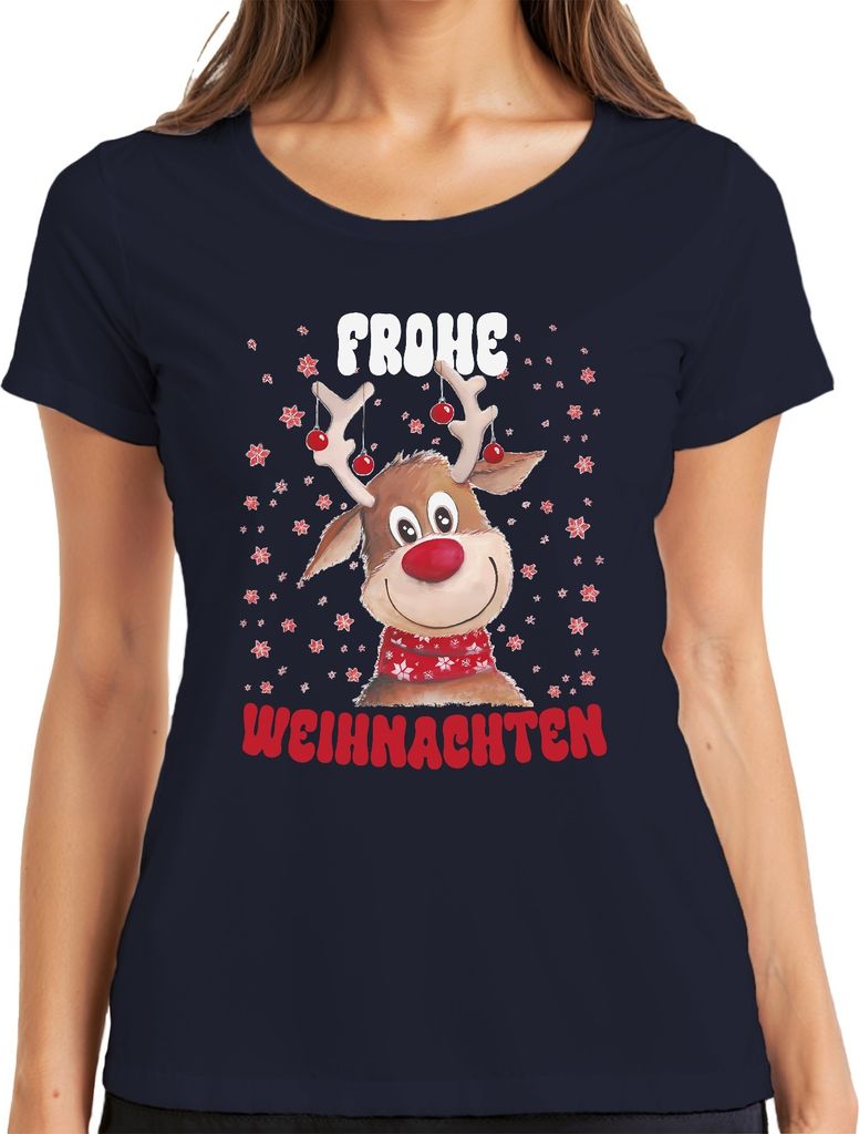 Frohe Weihnachten Süßes Reh Rentier - Weihnachten Xmas Christmas Damen T-Shirt, Navy, 3XL