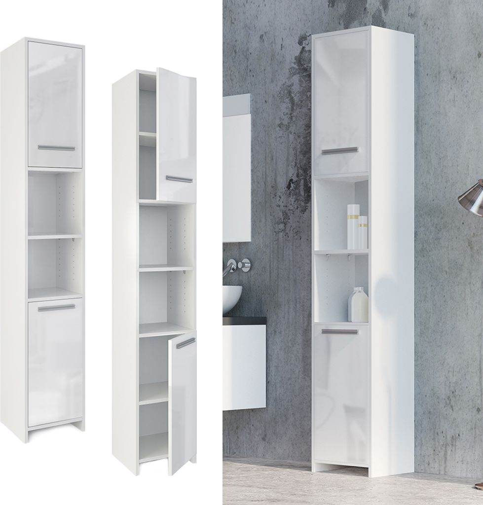 A collage of three images showing a tall, narrow white cabinet with doors and shelves, presented in different angles and settings.