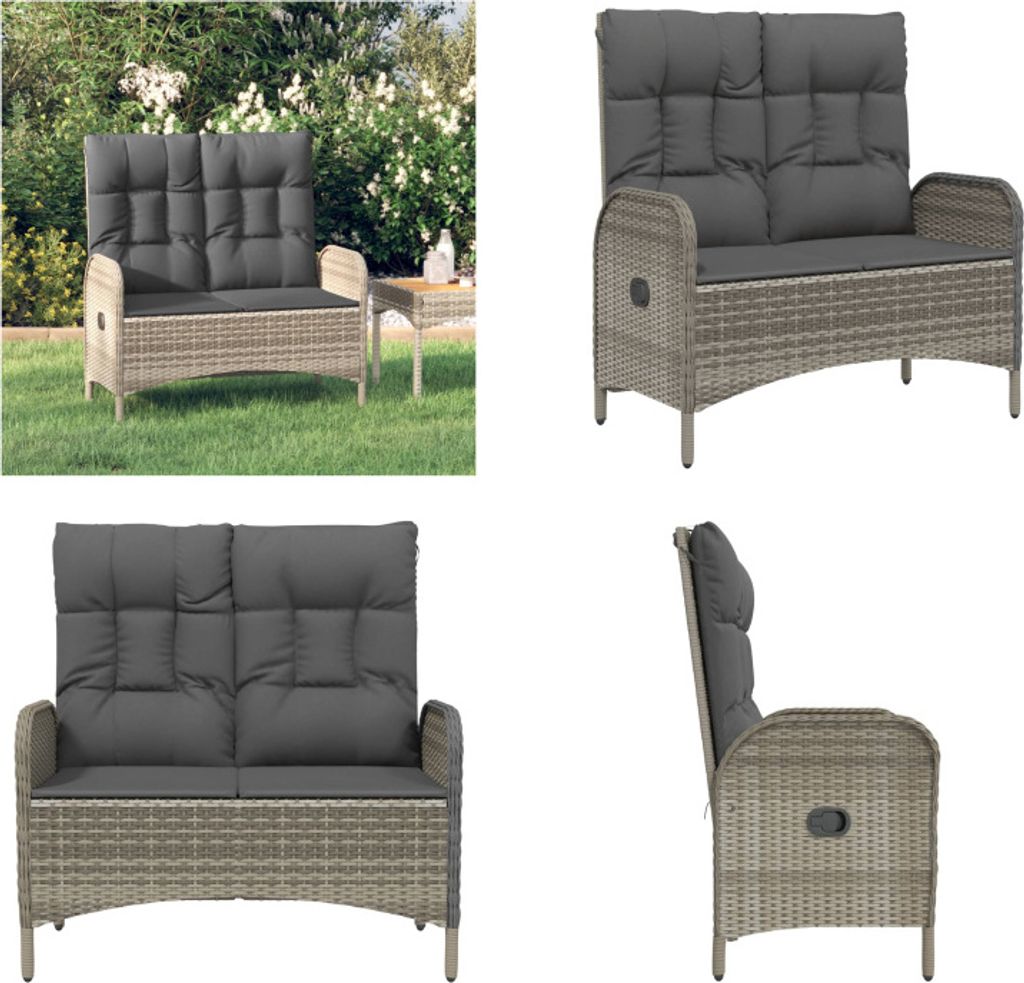 vidaXL Gartenbank mit Liegefunktion und Kissen 107 cm Poly Rattan Grau - Gartenbank - Gartenbänke - Garten-Relaxbank - Relaxbank
