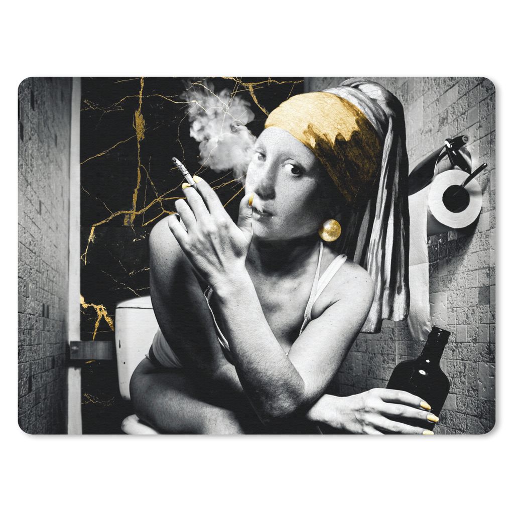 MuchoWow Mauspad Mousepad Marmoroptik - Mädchen mit Perlenohrring - Zigaretten - Toilette - Gold - Kunst - Alte Meister 23x19 cm - Mousepads - M...