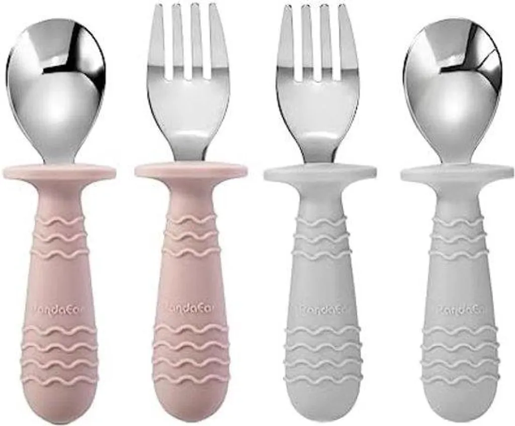 Vaisselle bébé en silicone souple rose | Kit couverts d'apprentissage 3 pièces