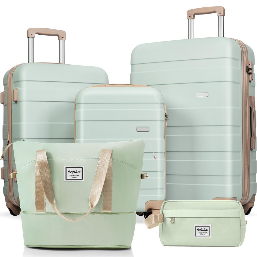 Flieks Kofferset Trolley-Set 5 teilig., Rollkoffer mit 2 Reisetaschen, Gepäckset Hartschalenkoffer mit Kosmetiktaschen, Grün